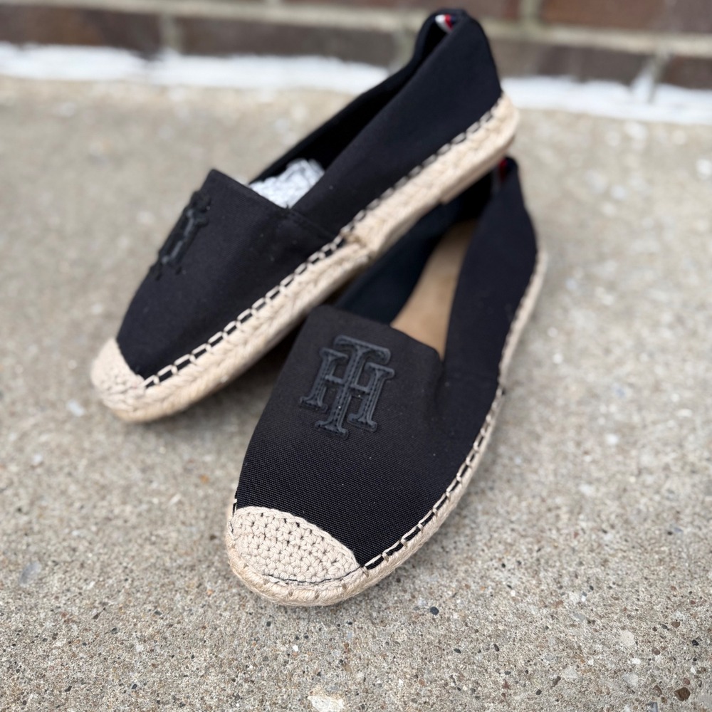 Tommy Hilfiger Anni2 Women Sz 8.5M Black Canvas Espadrille Logo Flats - Picture 10 of 11